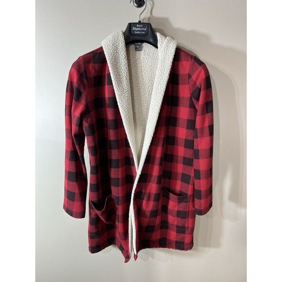 Eddie Bauer Womens Small Red Buffalo Check Camp Fleece Sherpa Cardigan Medium - Picture 1 of 13